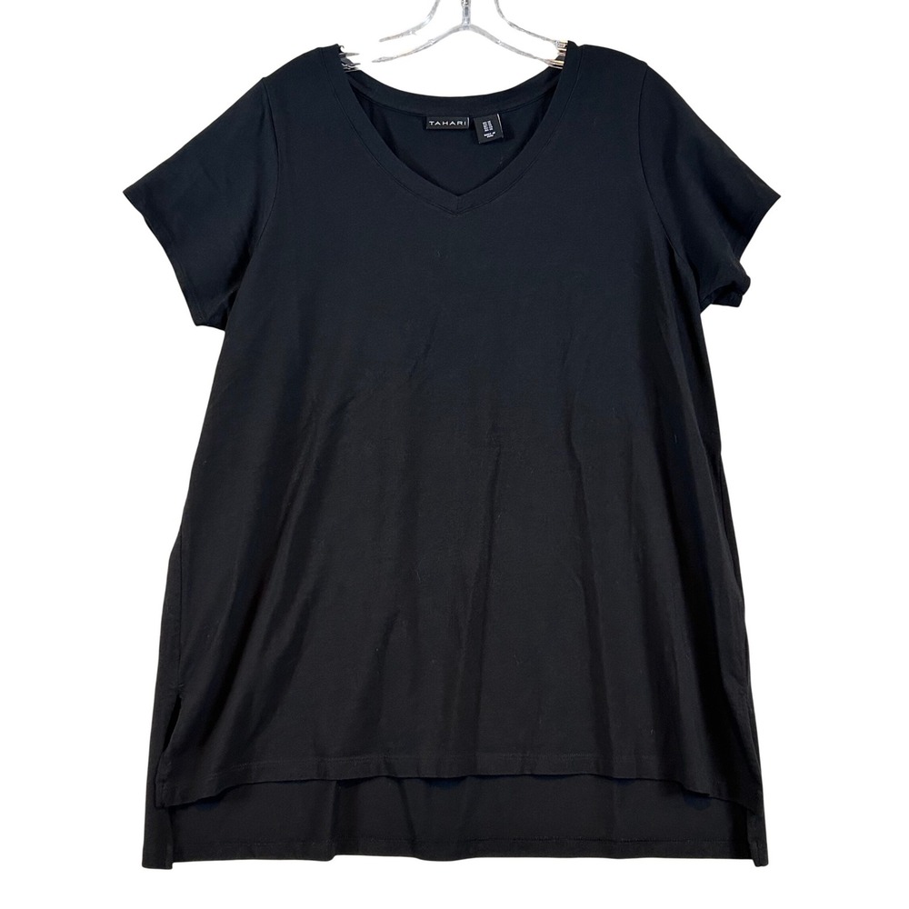 Tahari Black Pima Cotton Modal V-Neck High-Low Top Plus Size 1X‎ Short Sleeve